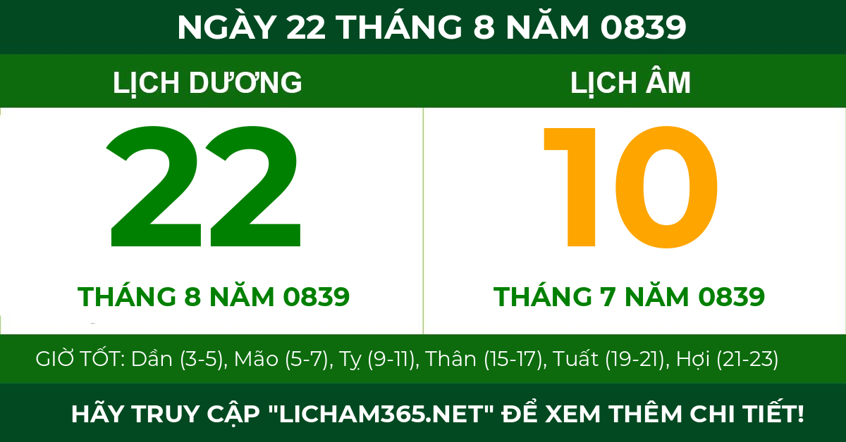 lịch âm ngày 22 tháng 8 năm 0839