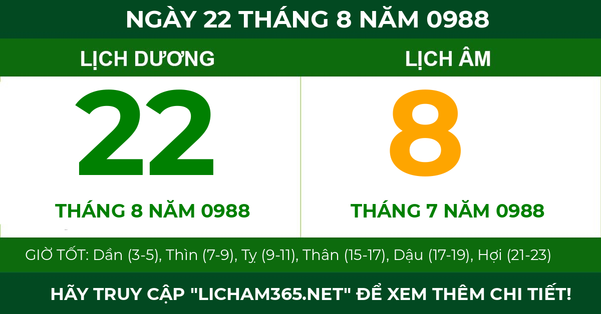 lịch âm ngày 22 tháng 8 năm 0988