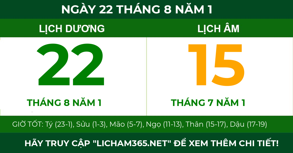 lịch âm ngày 22 tháng 8 năm 1