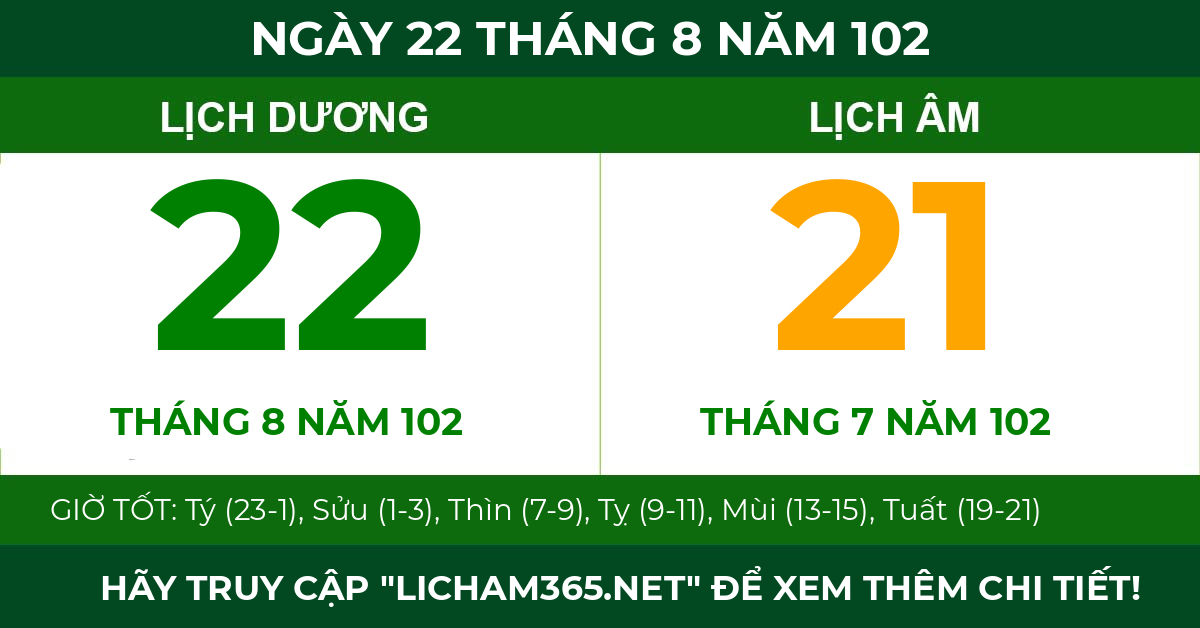 lịch âm ngày 22 tháng 8 năm 102
