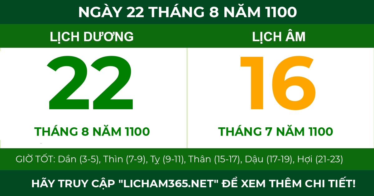 lịch âm ngày 22 tháng 8 năm 1100