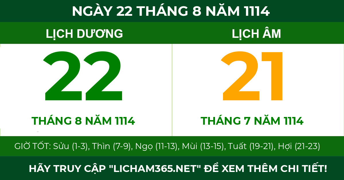 lịch âm ngày 22 tháng 8 năm 1114