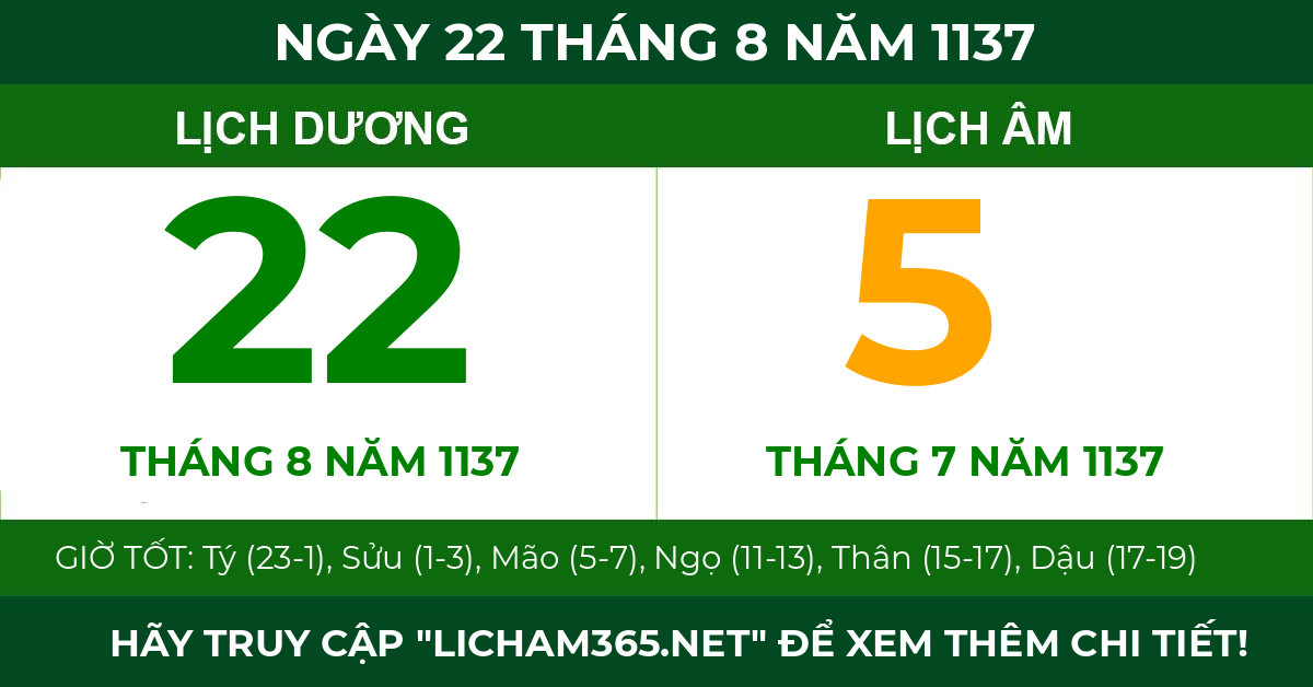 lịch âm ngày 22 tháng 8 năm 1137
