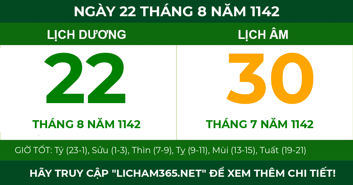 lịch âm ngày 22 tháng 8 năm 1142