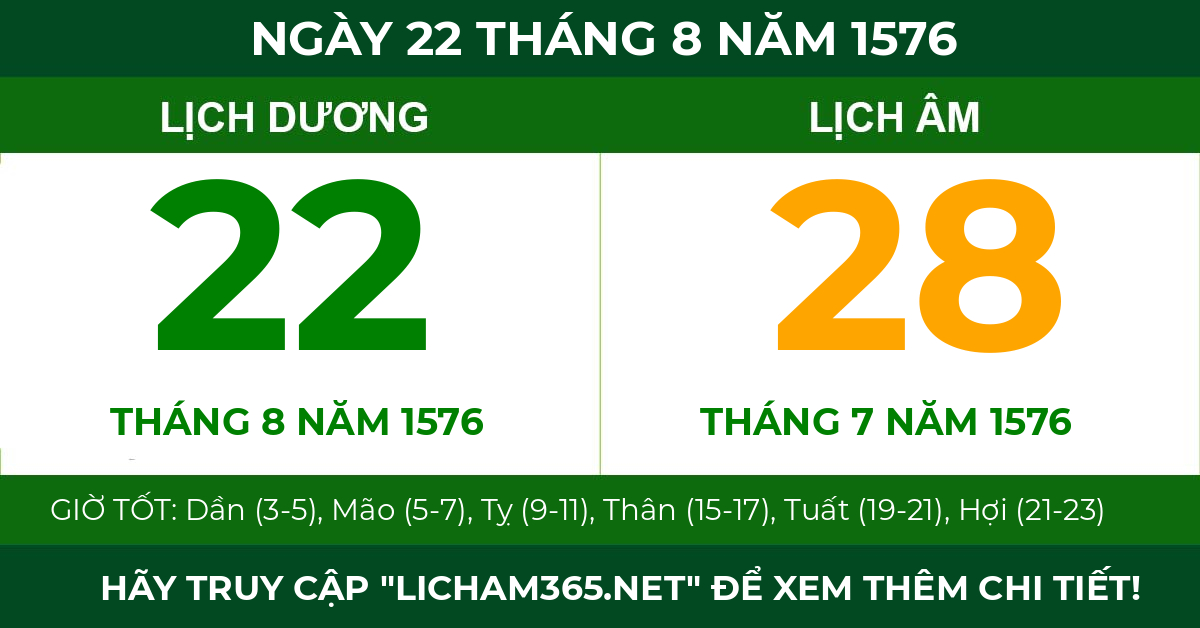 lịch âm ngày 22 tháng 8 năm 1576
