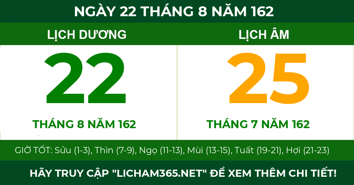 lịch âm ngày 22 tháng 8 năm 162