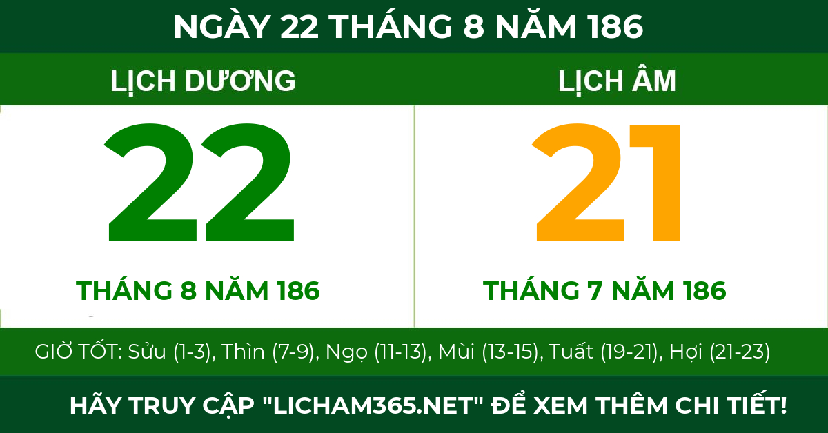 lịch âm ngày 22 tháng 8 năm 186