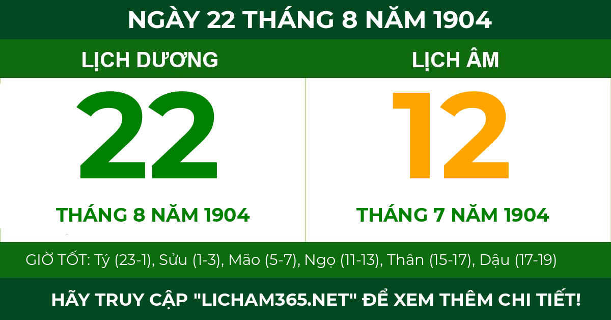 lịch âm ngày 22 tháng 8 năm 1904