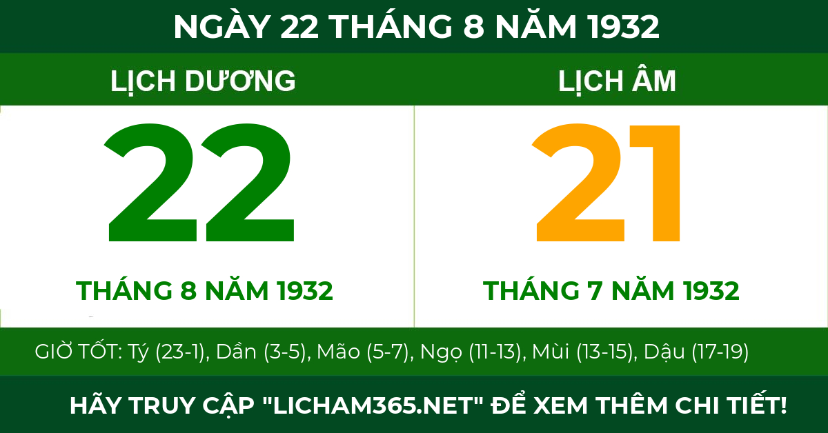 lịch âm ngày 22 tháng 8 năm 1932