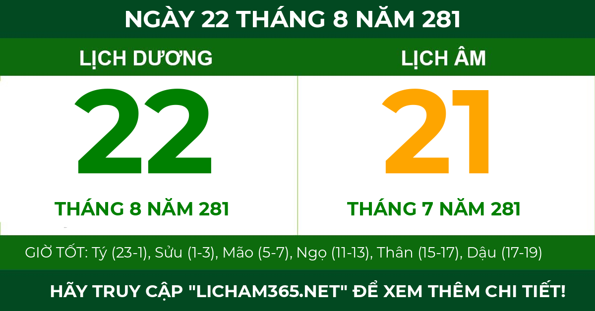 lịch âm ngày 22 tháng 8 năm 281