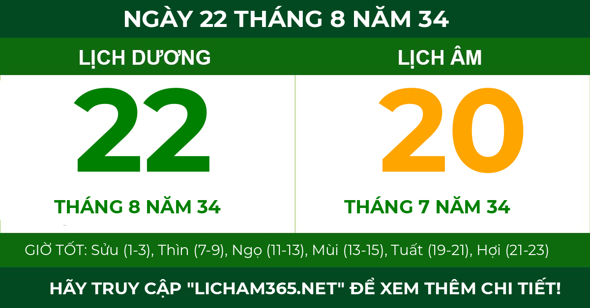 lịch âm ngày 22 tháng 8 năm 34