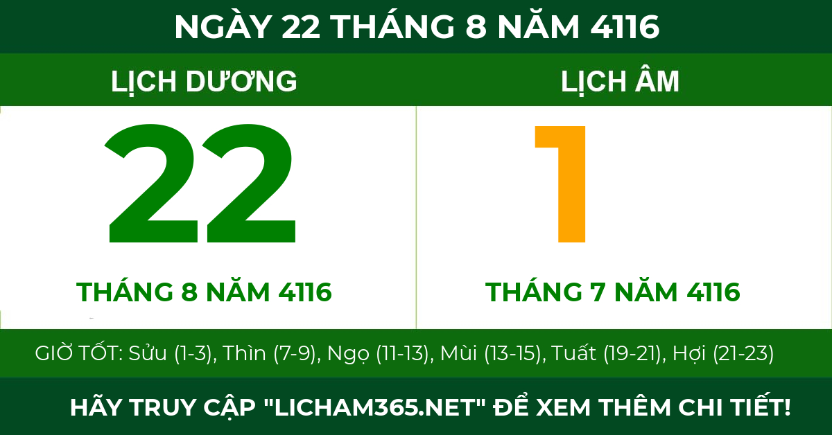 lịch âm ngày 22 tháng 8 năm 4116