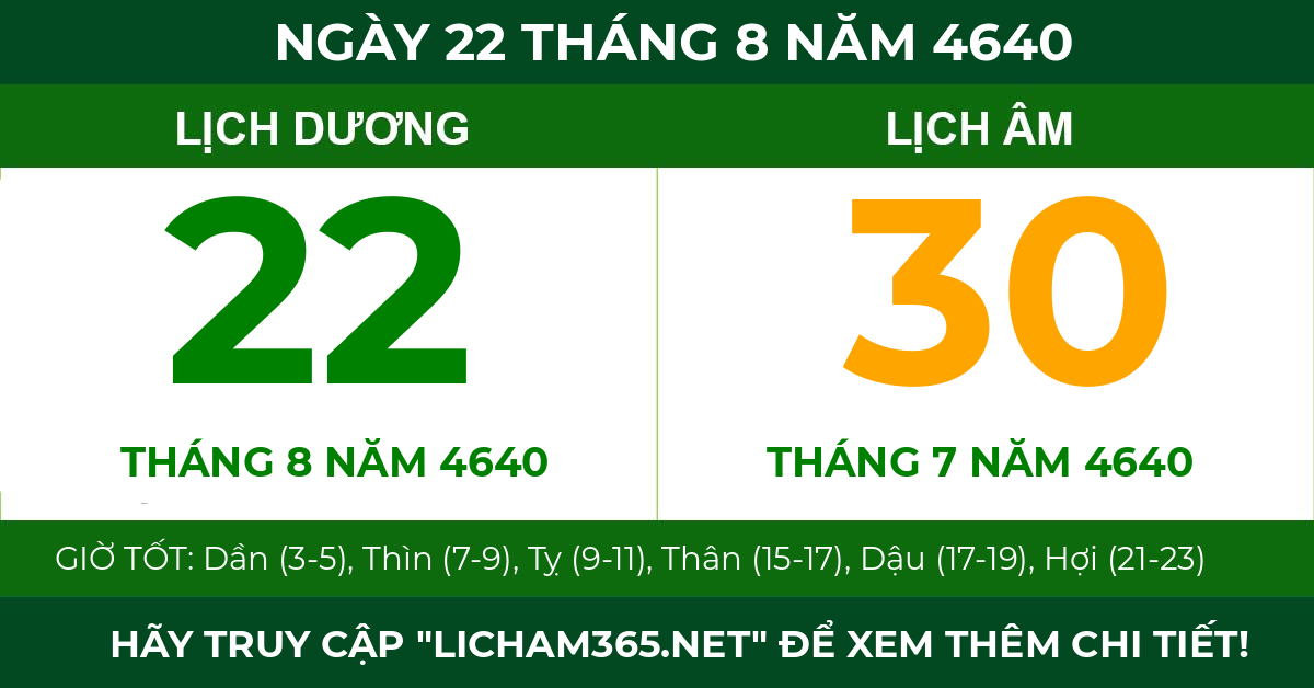 lịch âm ngày 22 tháng 8 năm 4640