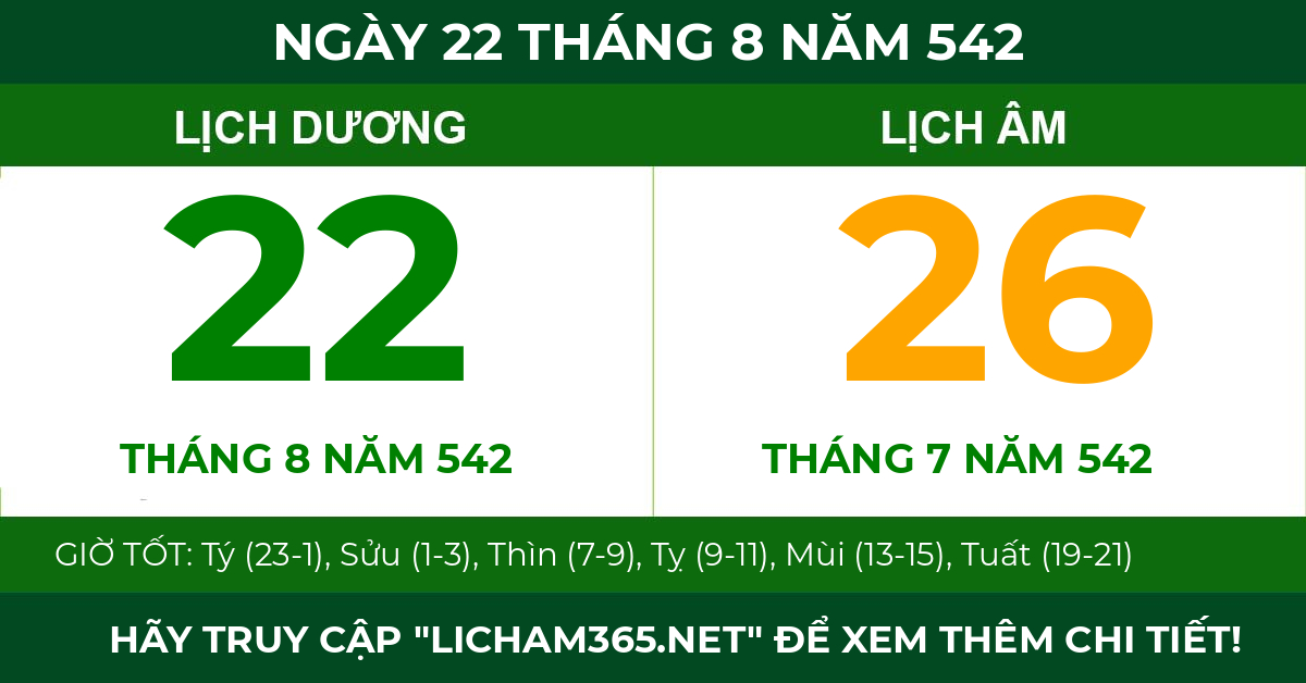 lịch âm ngày 22 tháng 8 năm 542