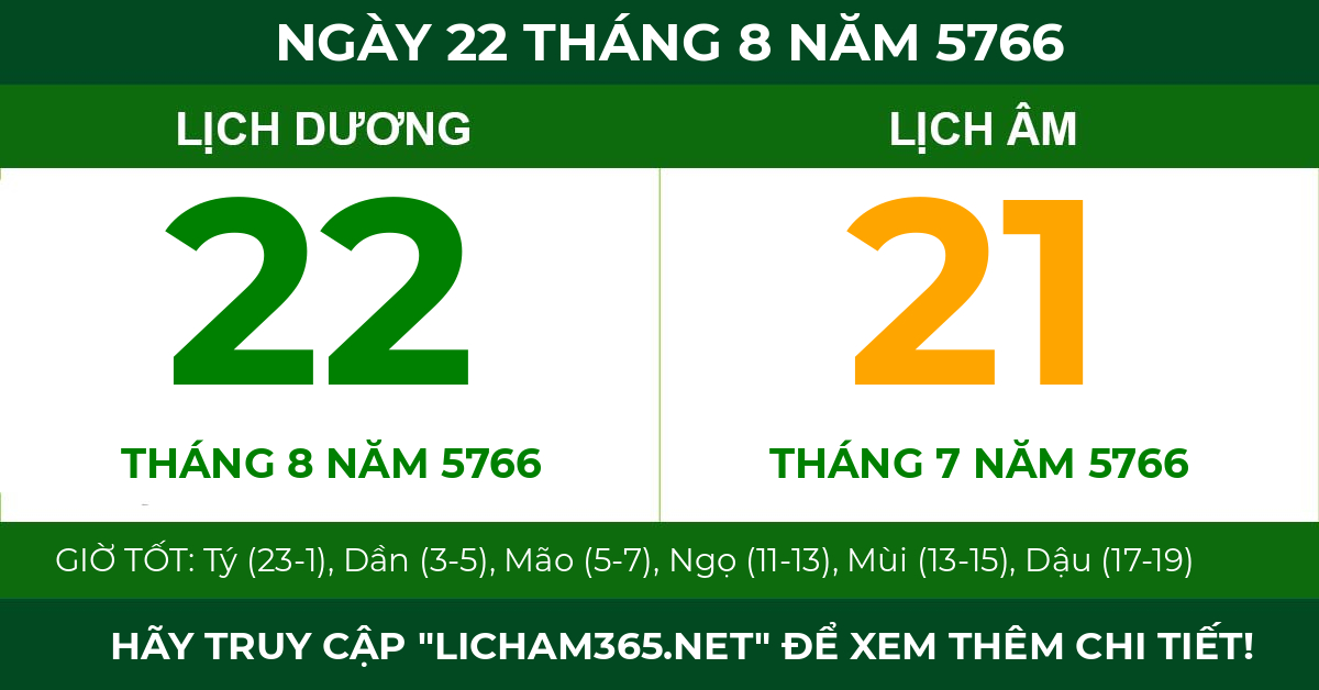 lịch âm ngày 22 tháng 8 năm 5766