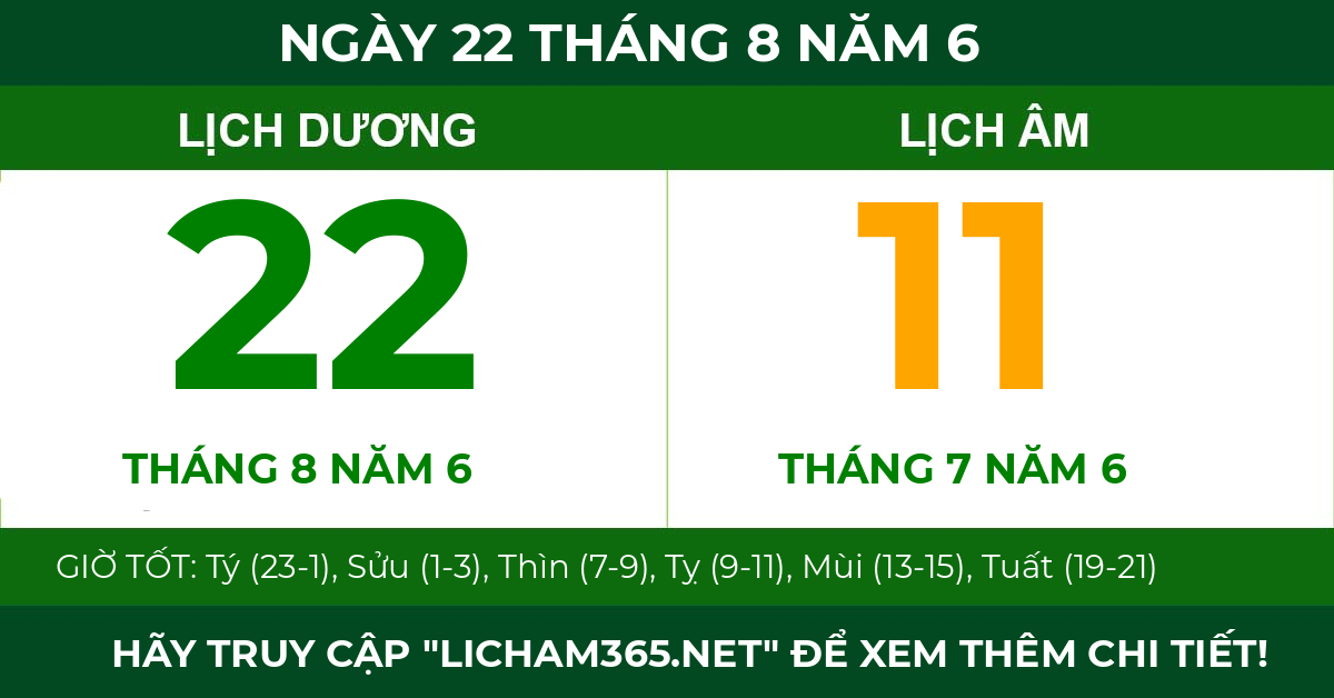lịch âm ngày 22 tháng 8 năm 6