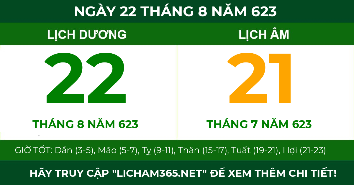 lịch âm ngày 22 tháng 8 năm 623