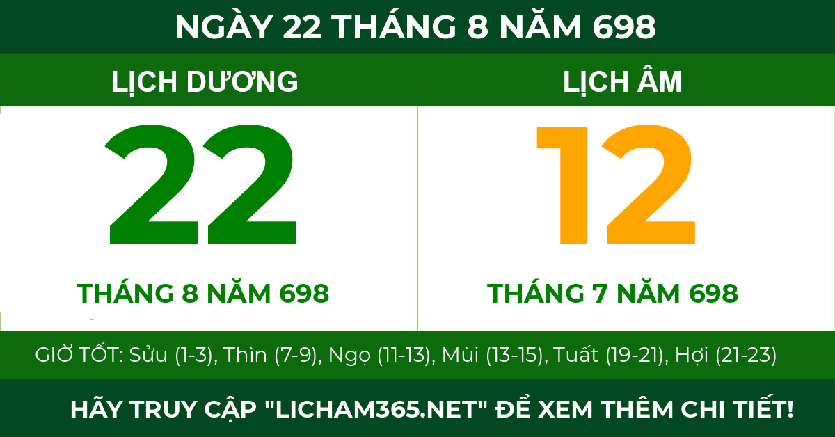 lịch âm ngày 22 tháng 8 năm 698