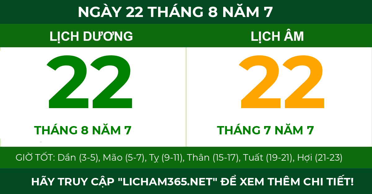lịch âm ngày 22 tháng 8 năm 7