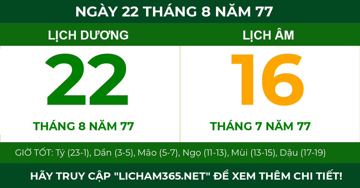 lịch âm ngày 22 tháng 8 năm 77