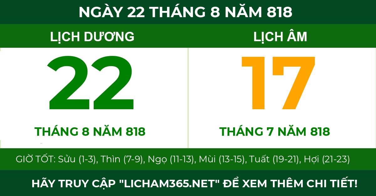lịch âm ngày 22 tháng 8 năm 818