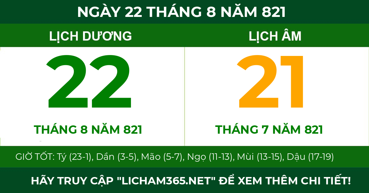 lịch âm ngày 22 tháng 8 năm 821