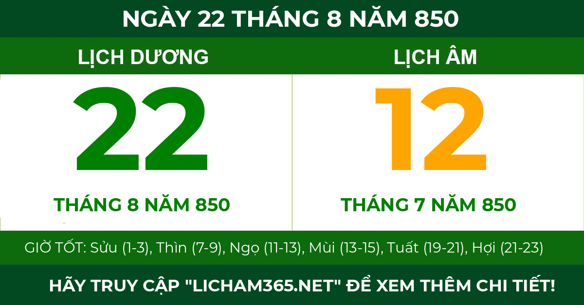 lịch âm ngày 22 tháng 8 năm 850