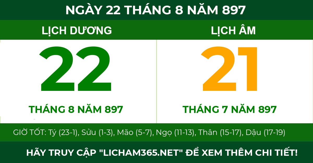 lịch âm ngày 22 tháng 8 năm 897