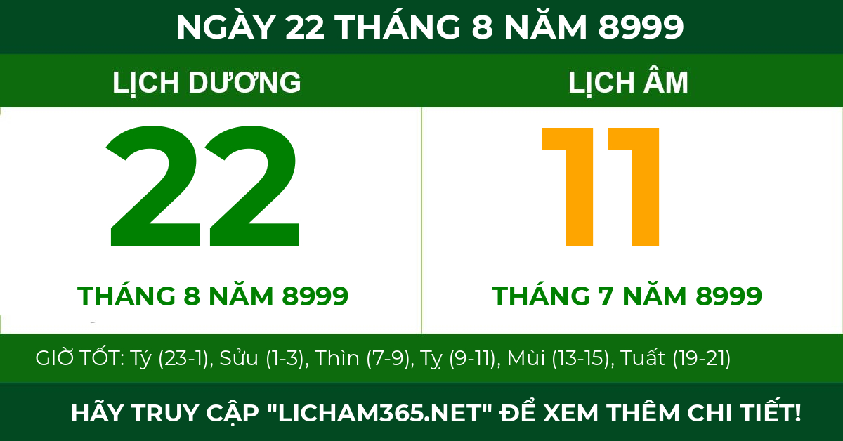 lịch âm ngày 22 tháng 8 năm 8999