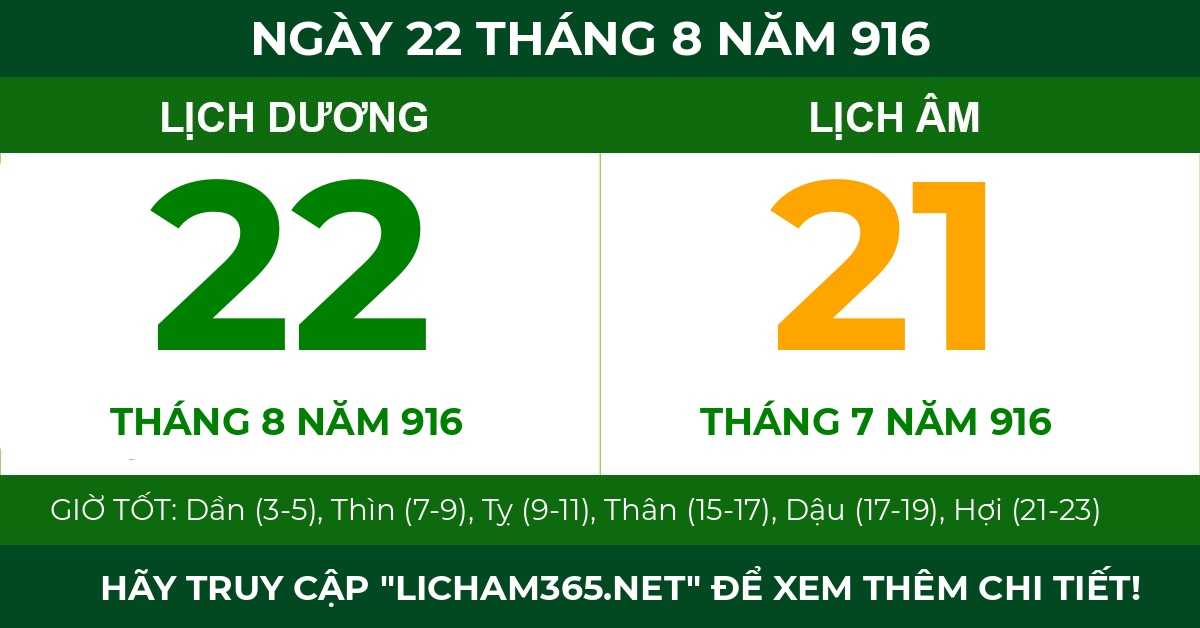lịch âm ngày 22 tháng 8 năm 916