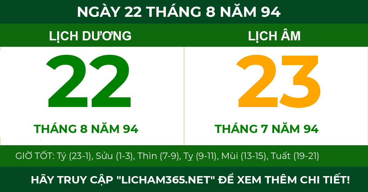 lịch âm ngày 22 tháng 8 năm 94