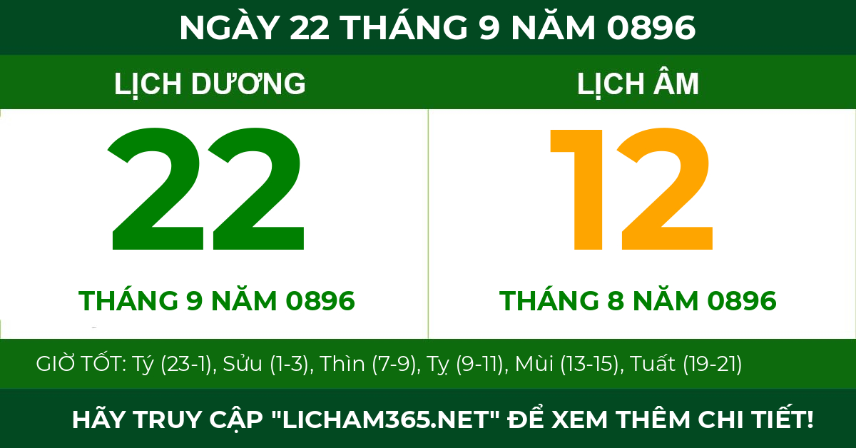 lịch âm ngày 22 tháng 9 năm 0896
