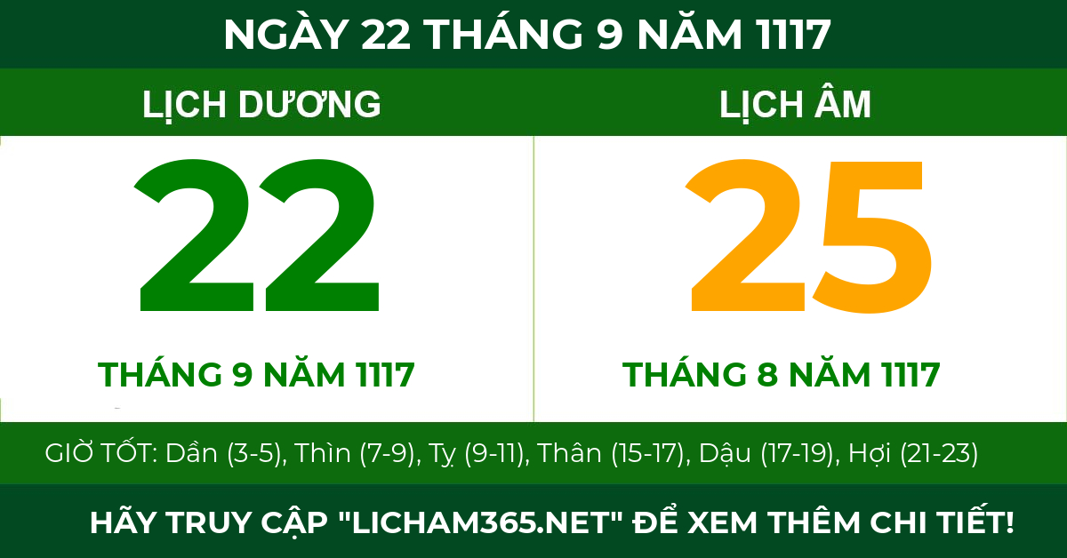 lịch âm ngày 22 tháng 9 năm 1117