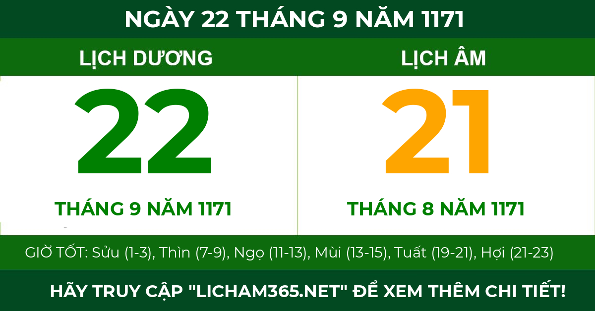 lịch âm ngày 22 tháng 9 năm 1171