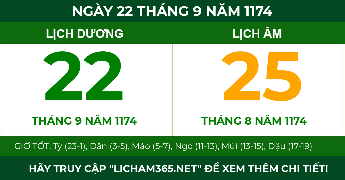 lịch âm ngày 22 tháng 9 năm 1174
