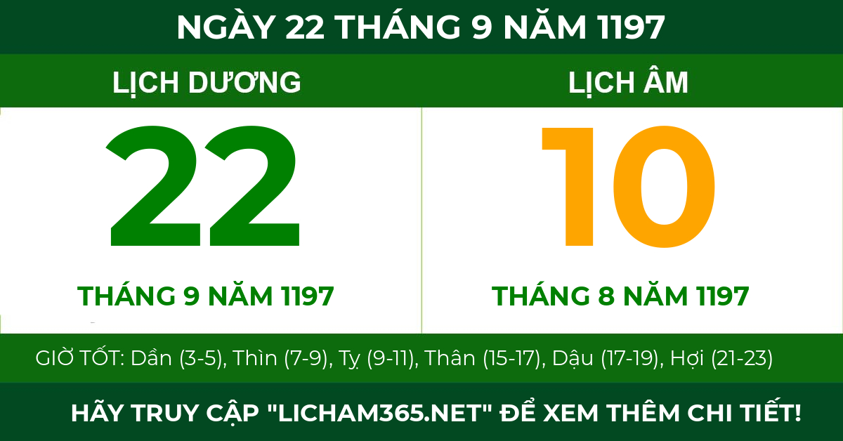 lịch âm ngày 22 tháng 9 năm 1197