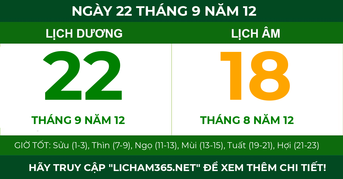 lịch âm ngày 22 tháng 9 năm 12