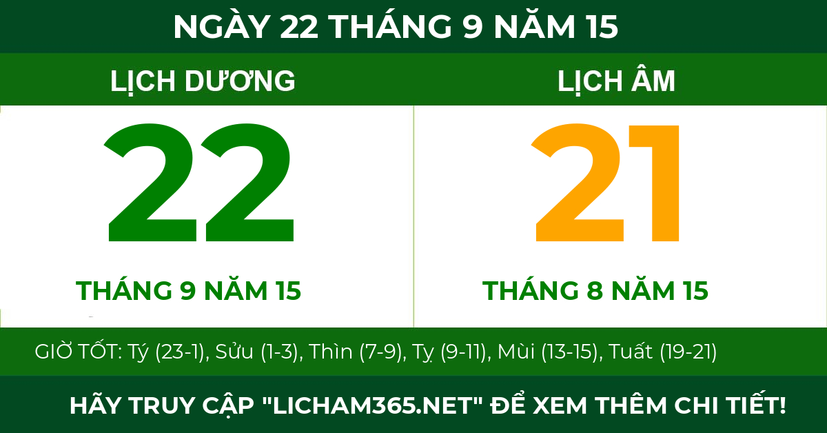 lịch âm ngày 22 tháng 9 năm 15