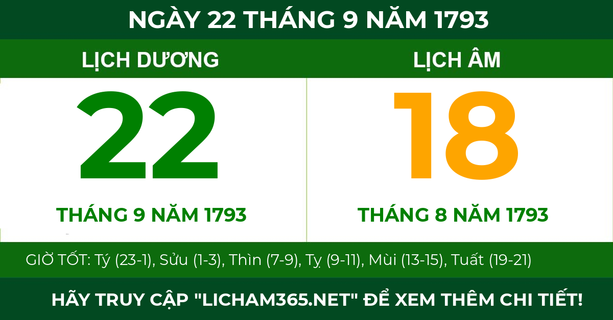 lịch âm ngày 22 tháng 9 năm 1793