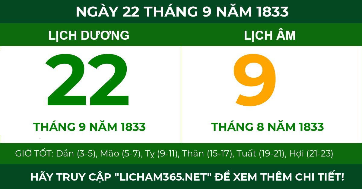 lịch âm ngày 22 tháng 9 năm 1833
