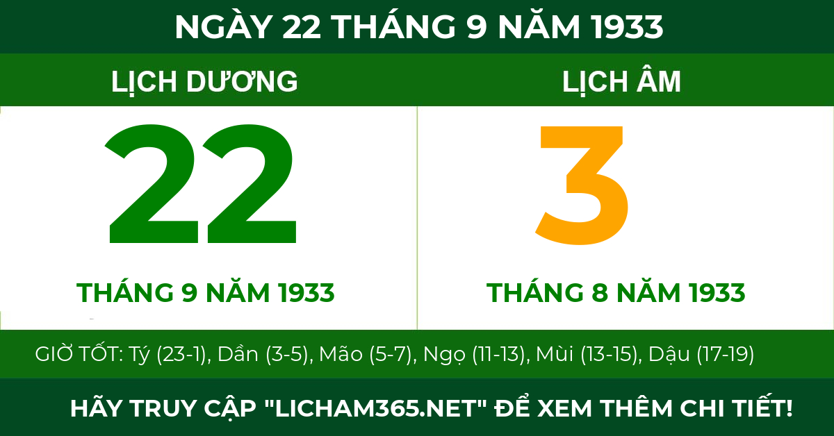 lịch âm ngày 22 tháng 9 năm 1933