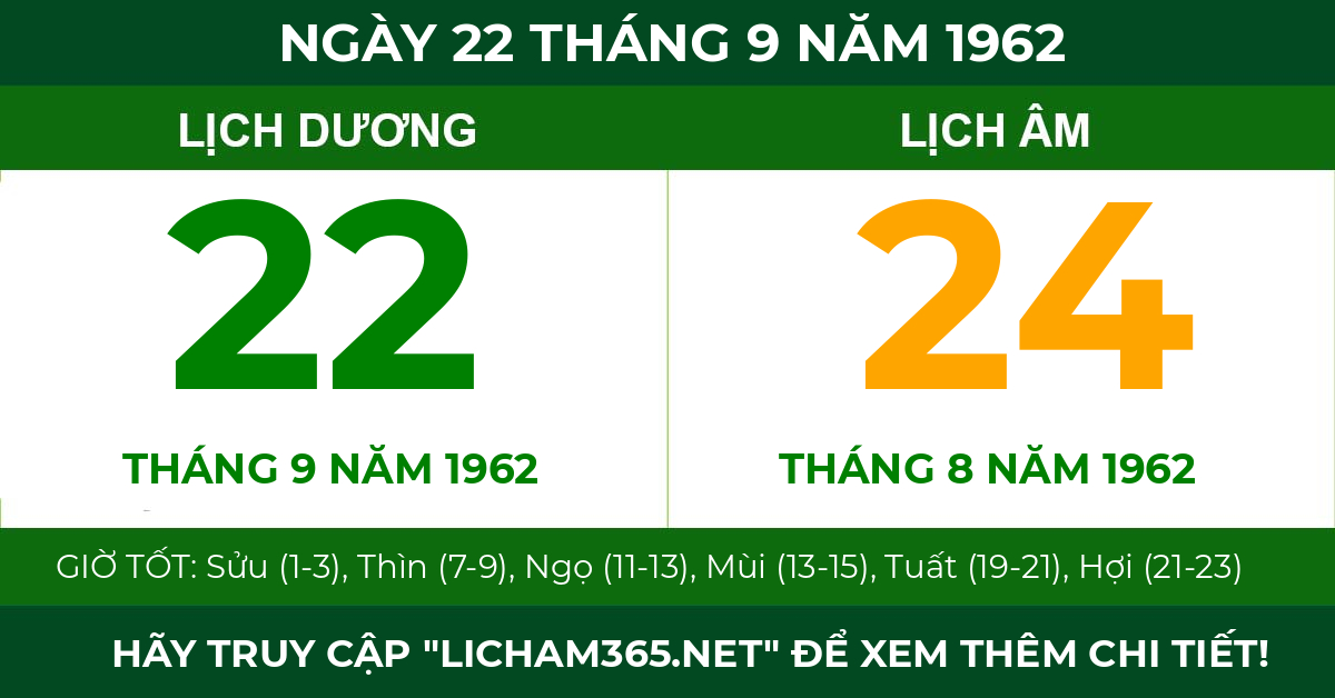 lịch âm ngày 22 tháng 9 năm 1962