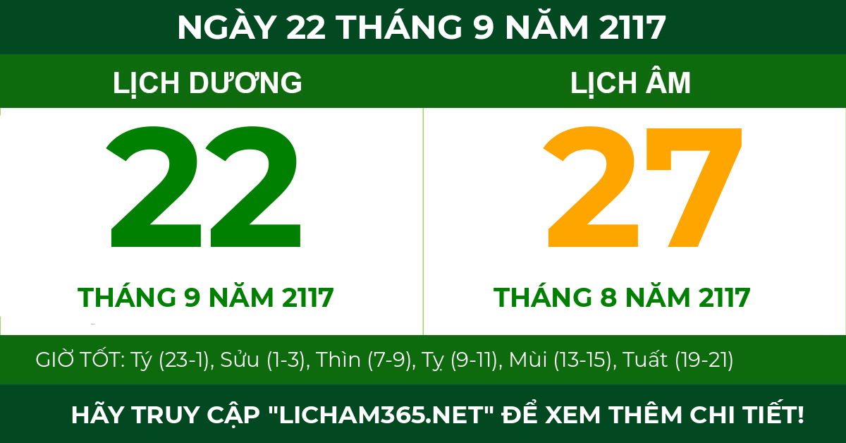 lịch âm ngày 22 tháng 9 năm 2117