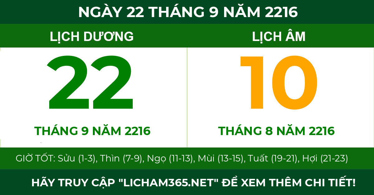 lịch âm ngày 22 tháng 9 năm 2216