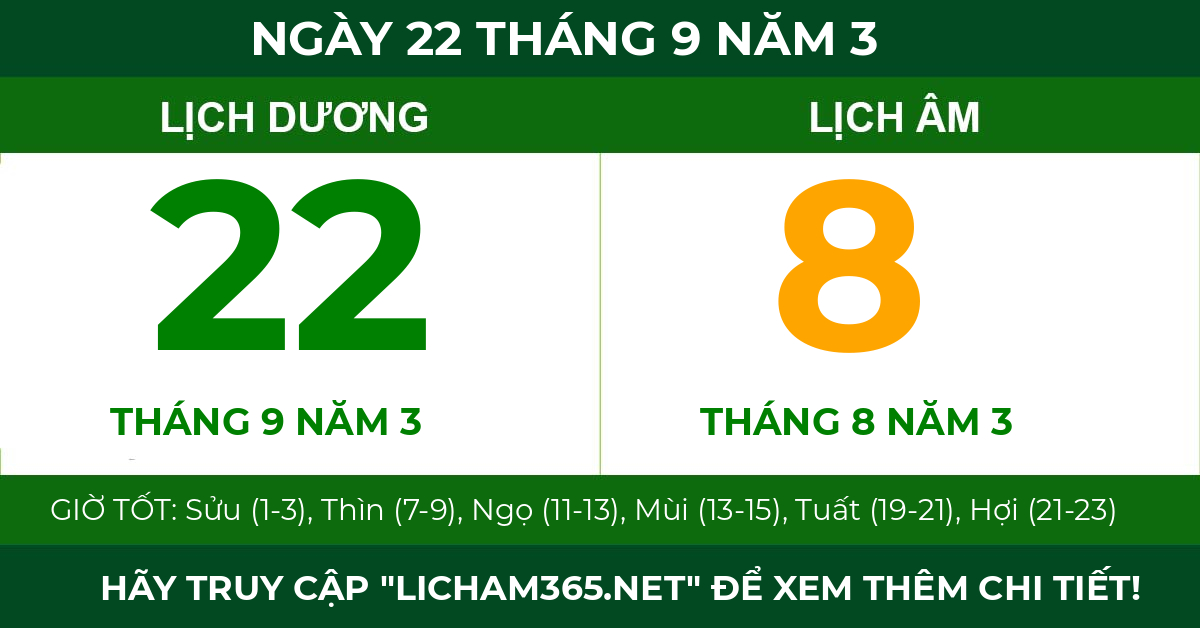lịch âm ngày 22 tháng 9 năm 3