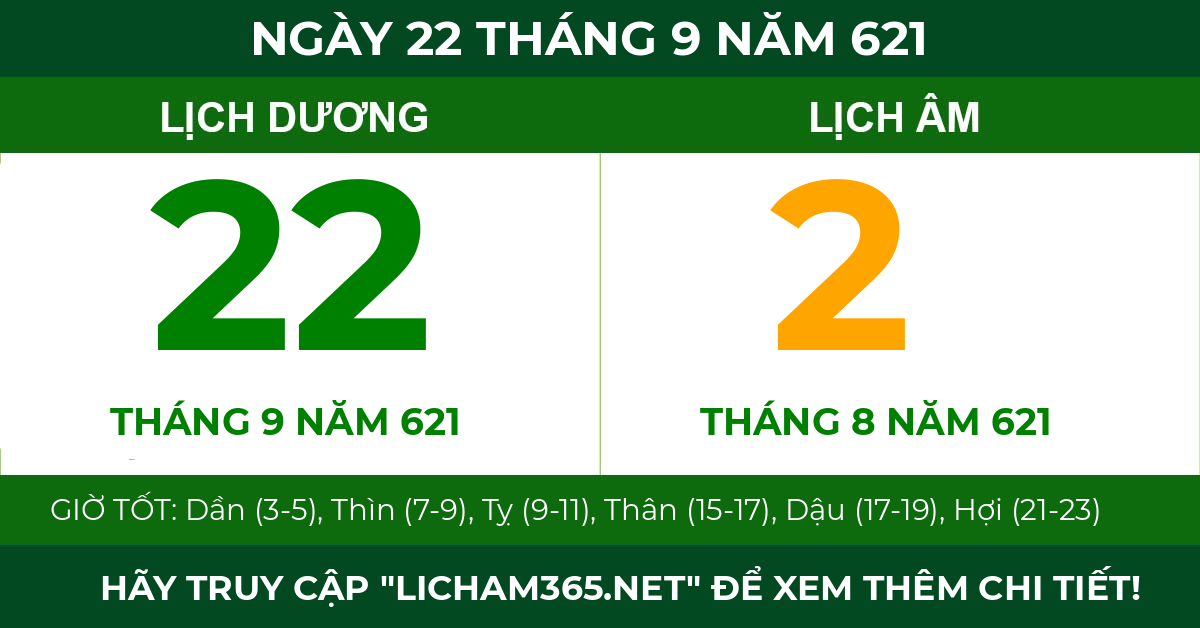 lịch âm ngày 22 tháng 9 năm 621