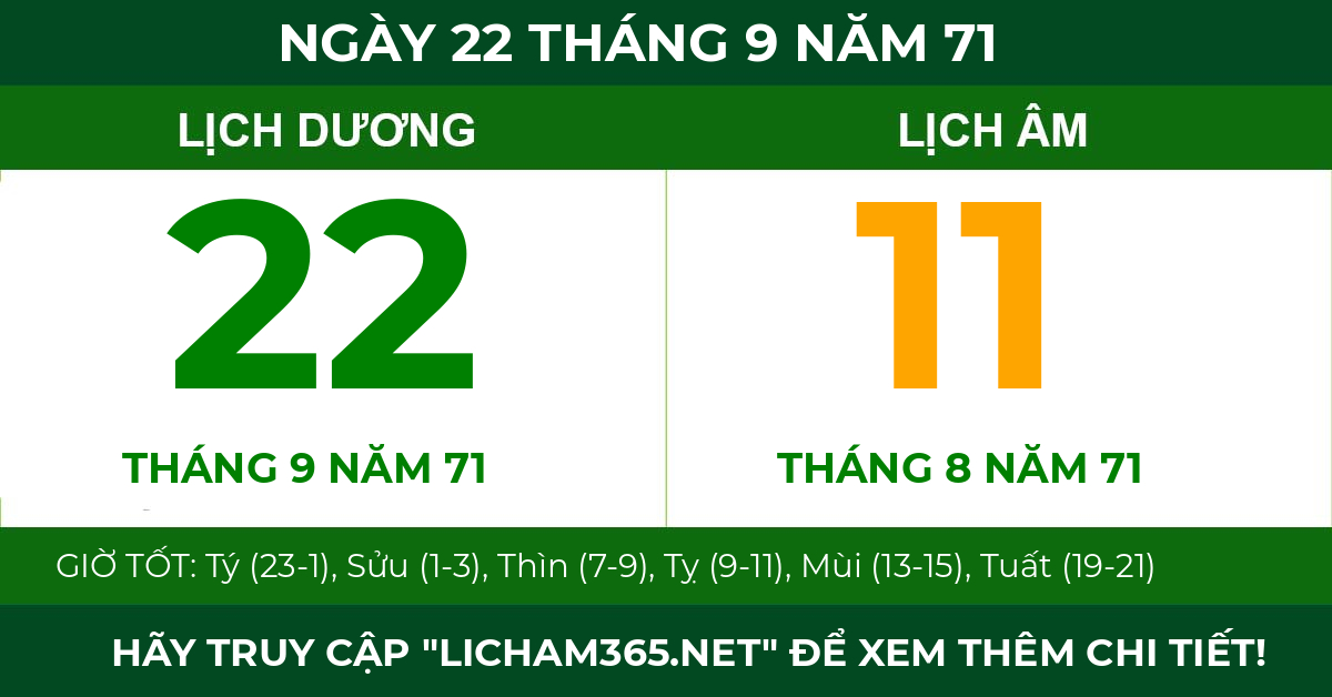 lịch âm ngày 22 tháng 9 năm 71
