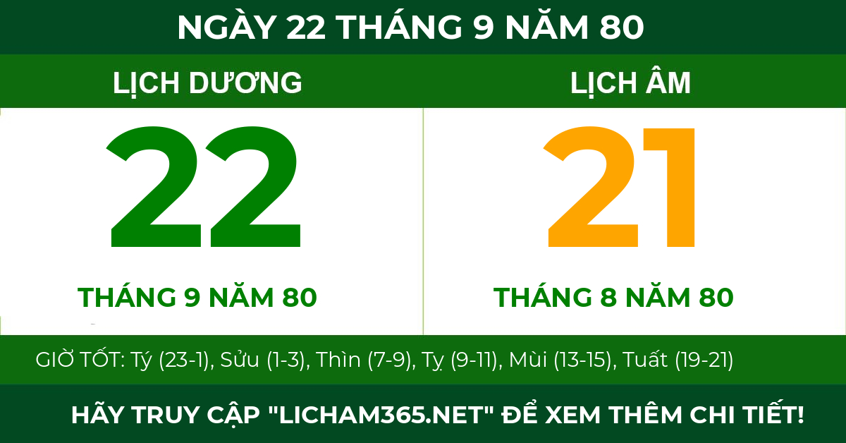 lịch âm ngày 22 tháng 9 năm 80