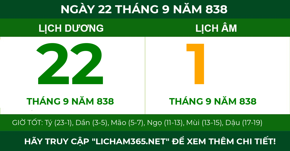 lịch âm ngày 22 tháng 9 năm 838