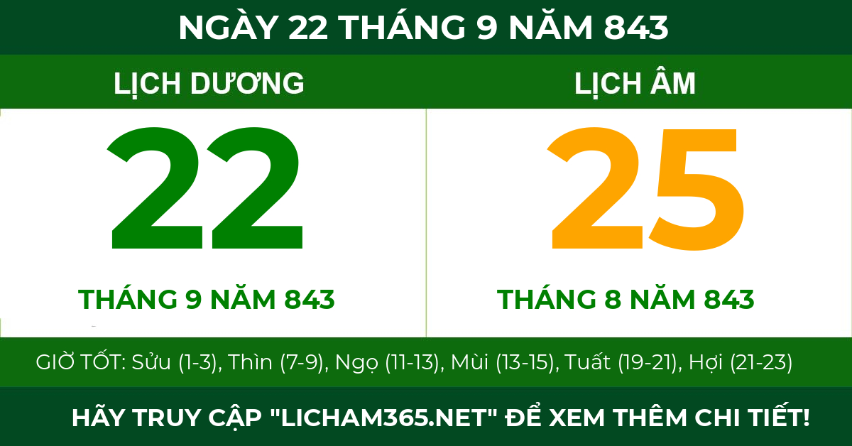 lịch âm ngày 22 tháng 9 năm 843